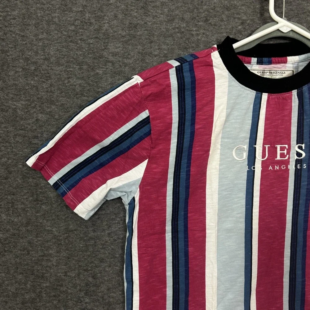 VTG 90 Guess Vertical Striped Embroidered Spellout Short Sleeve Shirt Size Small - Picture 2 of 14